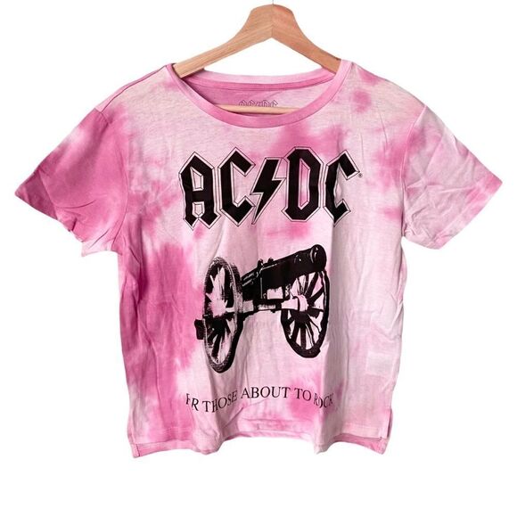 AC/DC Pink Tie Dye Crop Top For Those About To Rock" Band Tee Size Medium (7-9) - Picture 1 of 7